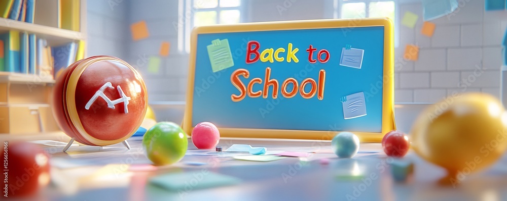 Poster Vibrant 3d rendering of a classroom prepared for the start of the new school year