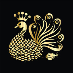 Peacock Crochet & Floral Ornaments | Delicate Art Logo Design | Black Background Vector.