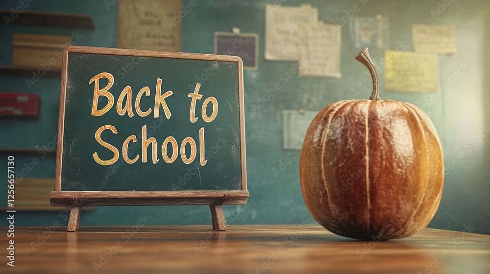 Poster pumpkin placed on a desk in a classroom with a back to school sign shown on a blackboard in the back