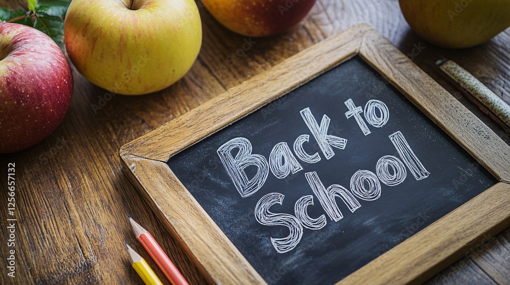 Poster back to school concept with a blackboard saying back to school surrounded by apples and pencils on a