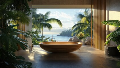 Fototapeta premium Tranquil Tropical Bathroom Oasis: Luxurious Wooden Tub with Ocean View
