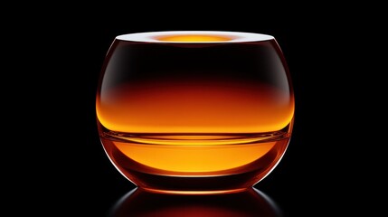 Amber liquid in a round glass on black background.