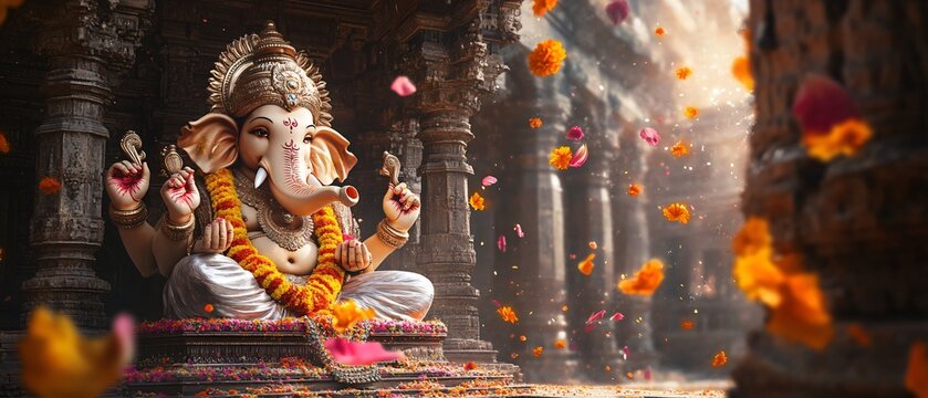  Ganesh Statue in Indian Temple with Sacred Ornaments, Color Splashes, and Traditional Decor. Copy space. Generative AI