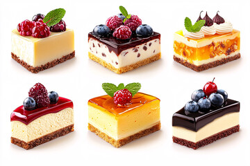 Assorted square mini cheesecakes with graham cracker crust, topped with fruit, jelly glaze, and cream on a white background.