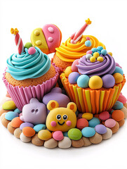 Colorful, whimsical cupcakes with bright frosting and playful candy decorations, arranged on a bed of sugary pebbles.