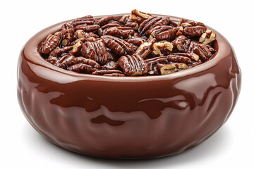 Obraz premium Glossy, candied pecan halves fill a brown ceramic bowl, presented against a stark white background.