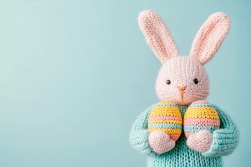 Adorable stuffed bunny holding colorful Easter eggs in pastel colors on a light blue background, representing the joyful spirit of Easter celebrations