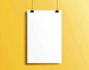 Blank white poster hanging on yellow wall.