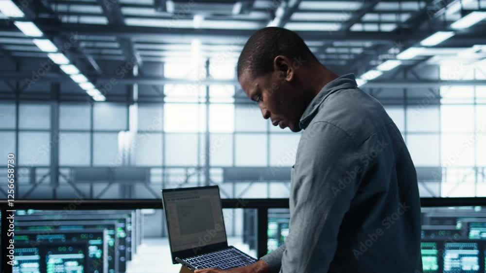 Poster engineer in data center operating notebook, deploying new server architectures. server farm employee
