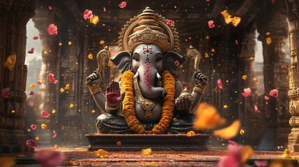  Ganesh Statue in Indian Temple with Sacred Ornaments, Color Splashes, and Traditional Decor. Copy space. Generative AI