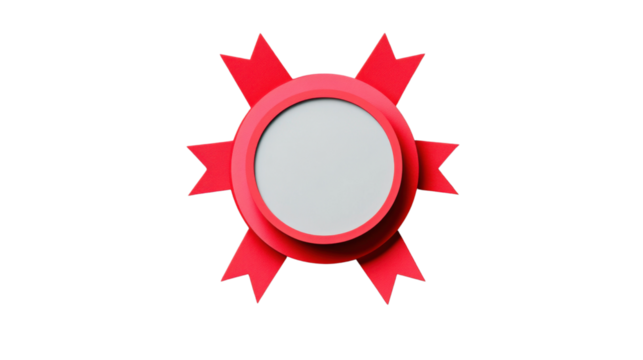 Red circular award badge with ribbons on transparent background