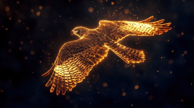 Fiery hawk soaring night sky, sparks, freedom