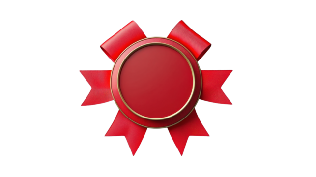 Red circular award badge with ribbon on transparent background - Powered by Adobe