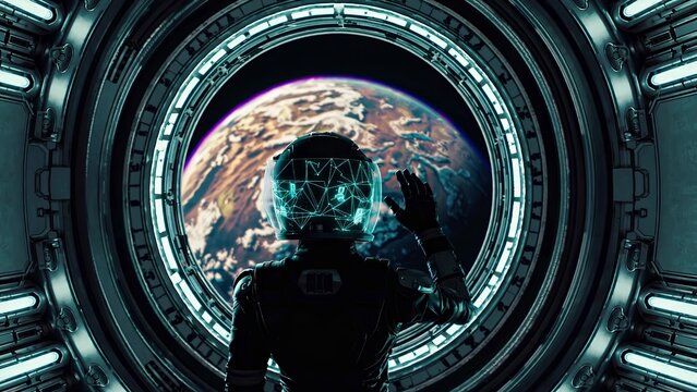 Astronaut wearing a futuristic helmet with a holographic interface is waving at an exoplanet similar to earth from a spaceship window, exploring the vastness of the universe