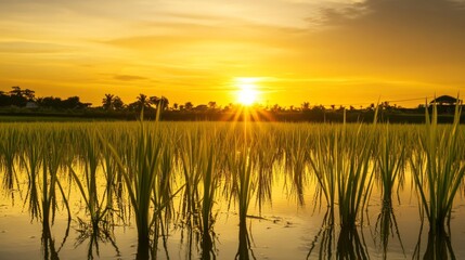 Rice plants in a paddy field at sunset. Highlighting the beauty and tranquility of the landscape. Ideal for nature magazines and environmental articles.
