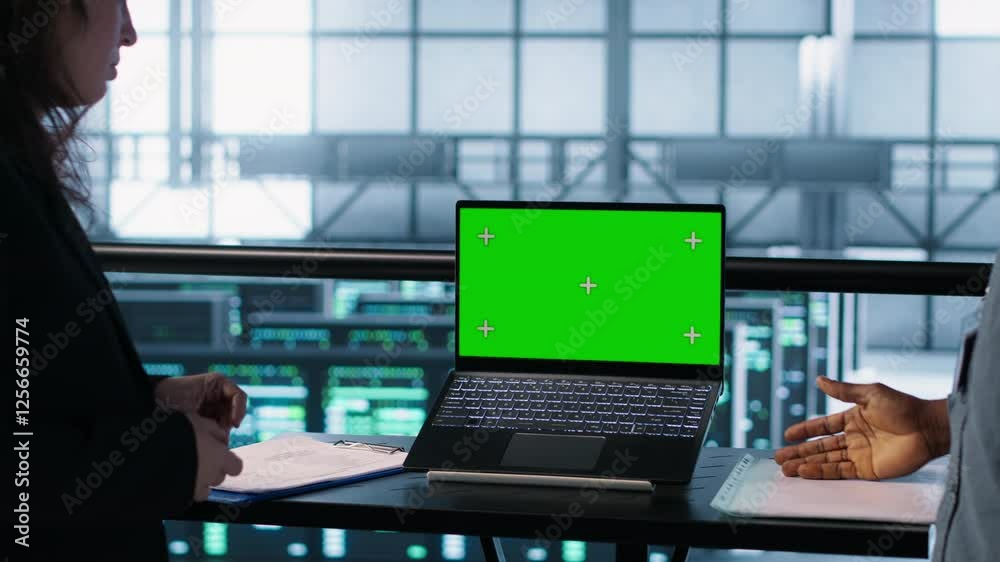 Poster coworkers in data center using mockup laptop, integrating green technologies. it experts in server r