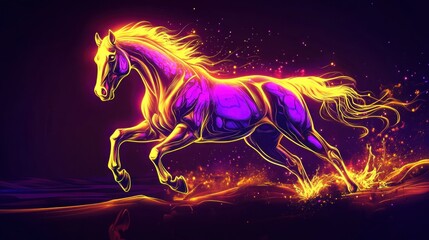 Obraz premium Fiery horse running on dark beach, energy, power