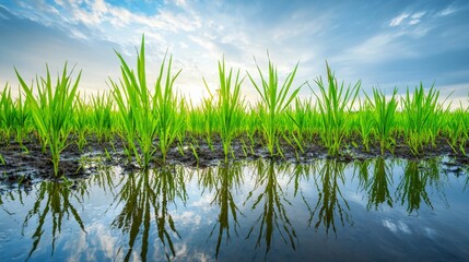 Obraz premium Lush green rice plants in a flooded paddy field. Showcasing the cultivation process and agricultural beauty. Ideal for agricultural magazines and educational materials.