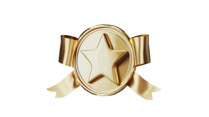 Golden medal with ribbon and star representing award and achievement on transparent background