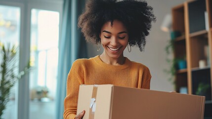 Happy young woman opening a package at home and smiling