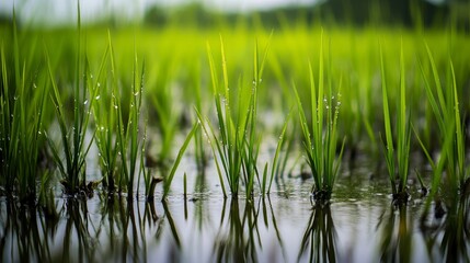 Obraz premium Rice plants growing in water in a paddy field. Emphasizing the growth and natural habitat of the rice plants. Ideal for environmental studies and agricultural blogs.