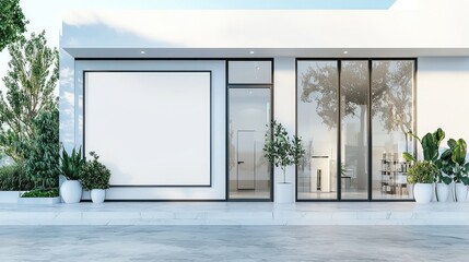 Obraz premium Modern Minimalist Building Facade with Large Windows and Greenery