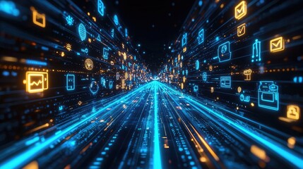 Fototapeta premium Futuristic Data Flow with Bright Icons in Digital Space
