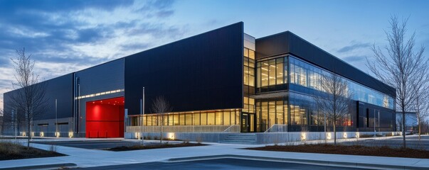 Modern black commercial building at dusk with red entrance
