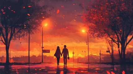 Fototapeta premium Romantic evening stroll at sunset with falling leaves painting a scenic canvas