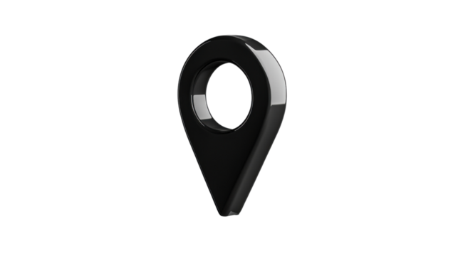 Black location pin icon floating on transparent background representing gps and navigation