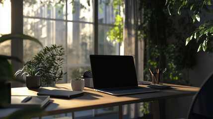 Fototapeta premium Home Office Work Table with Laptop Interior Design for Freelancer Black Monitor of Laptop with Mouse Luxury Home Office with Cozy Modern Interior Workspace Minimalist Indoor for Working in Apartment