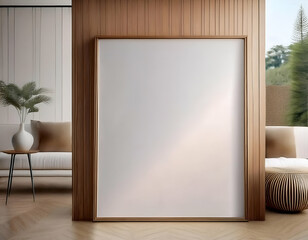 Frame mockup, ISO A paper size. Living room wall poster mockup. Interior mockup with house background. Modern interior design. 3D render