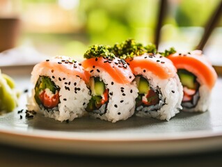Beautifully arranged sushi platter with rice, fish, and vegetables. Highlighting the artistry and detail of Japanese cuisine. Ideal for food blogs and culinary magazines.