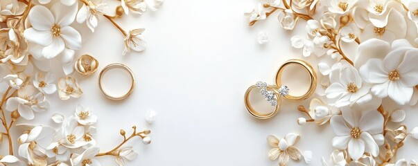 Elegant gold wedding rings with white flowers and golden accents on a white background