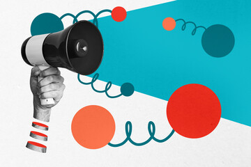 Trend artwork composite 3D photo collage design of hand hold loudspeaker proclaim leader profession workspace business hiring employment