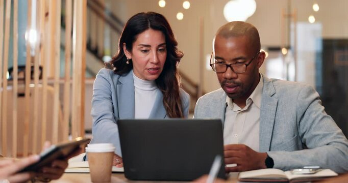 Business people, laptop and mentor consulting in office, law research and online for legal justice. Group, discussion and lawyers on website for guidance in case, teamwork and staff with motion plan
