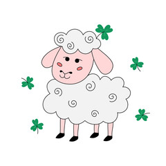 Cute Irish sheep and shamrocks. St Patricks Day symbol. Vector doodle illustration. Smiling hand drawn sheep isolated on white background. Patricks Day March 17 coloring page, design element