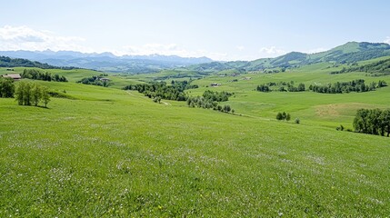 Fototapeta premium Lush green valley, mountain backdrop, sunny day, rural landscape; travel brochure