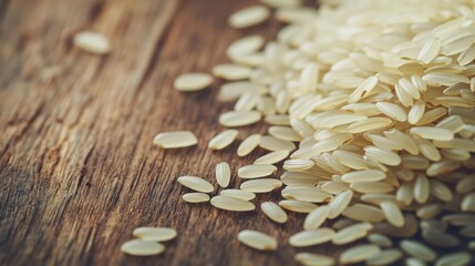 Obraz premium Raw rice grains spread on a rustic wooden surface, highlighting natural texture and glossy appearance. Ideal for culinary and food ingredient use.
