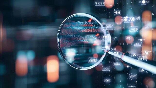 Advanced AI-powered cyber threat detection, magnified digital code analysis