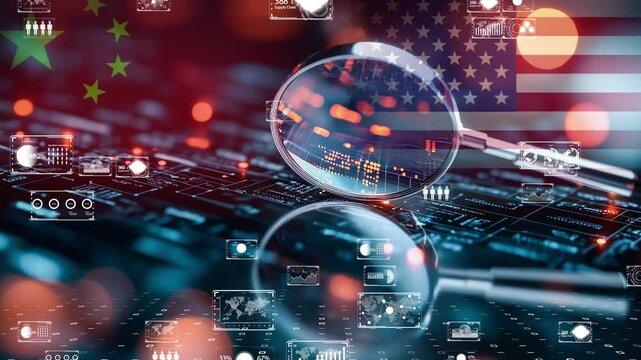 Digital intelligence conflict, cyber espionage with futuristic data flow, magnifying glass analyzing classified information