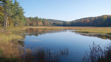Autumn reflections on a tranquil lake surrounded by colorful fall foliage