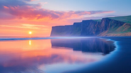 Dramatic sunset over a black sand beach with calm water reflecting the vibrant sky.