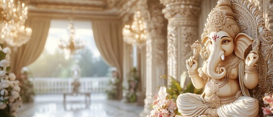 Fototapeta premium Ganesh Statue in Indian Palace with Ornate Pillars, Silk Drapes, and Festive Chandeliers. Copy space. Generative AI