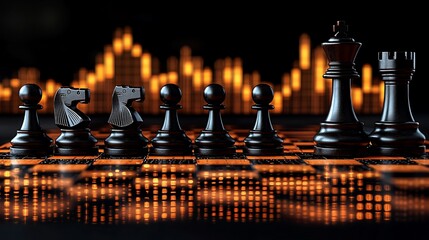 Close-up of black chess pieces on a board with vibrant digital background, symbolizing strategy
