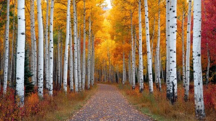 Fototapeta premium Autumn Aspen Grove Pathway; colorful fall foliage, narrow path, peaceful scenery. Possible use nature wallpaper