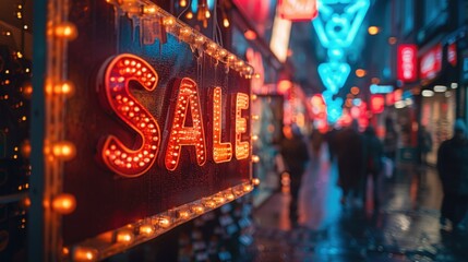Sale sign on building in city urban setting with crowds of people walking on busy sidewalk skyscrapers in background concept of real estate retail city life copyspace available