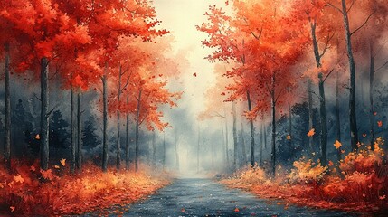 Autumnal Forest Path Watercolor Painting