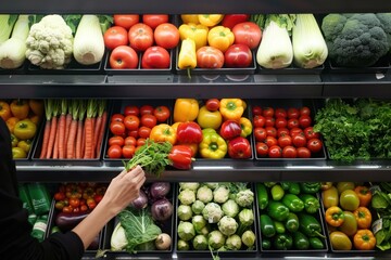 hand selecting fresh vegetables from a grocery display filled with colorful produce