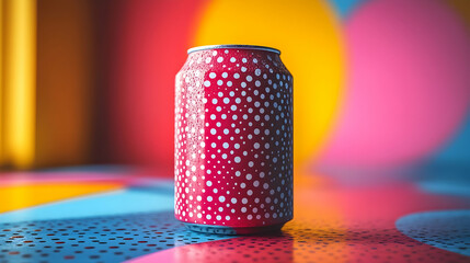 Neo pop art soda can mockup with retro screen printing effects and dynamic shapes colorful vibrant commercial